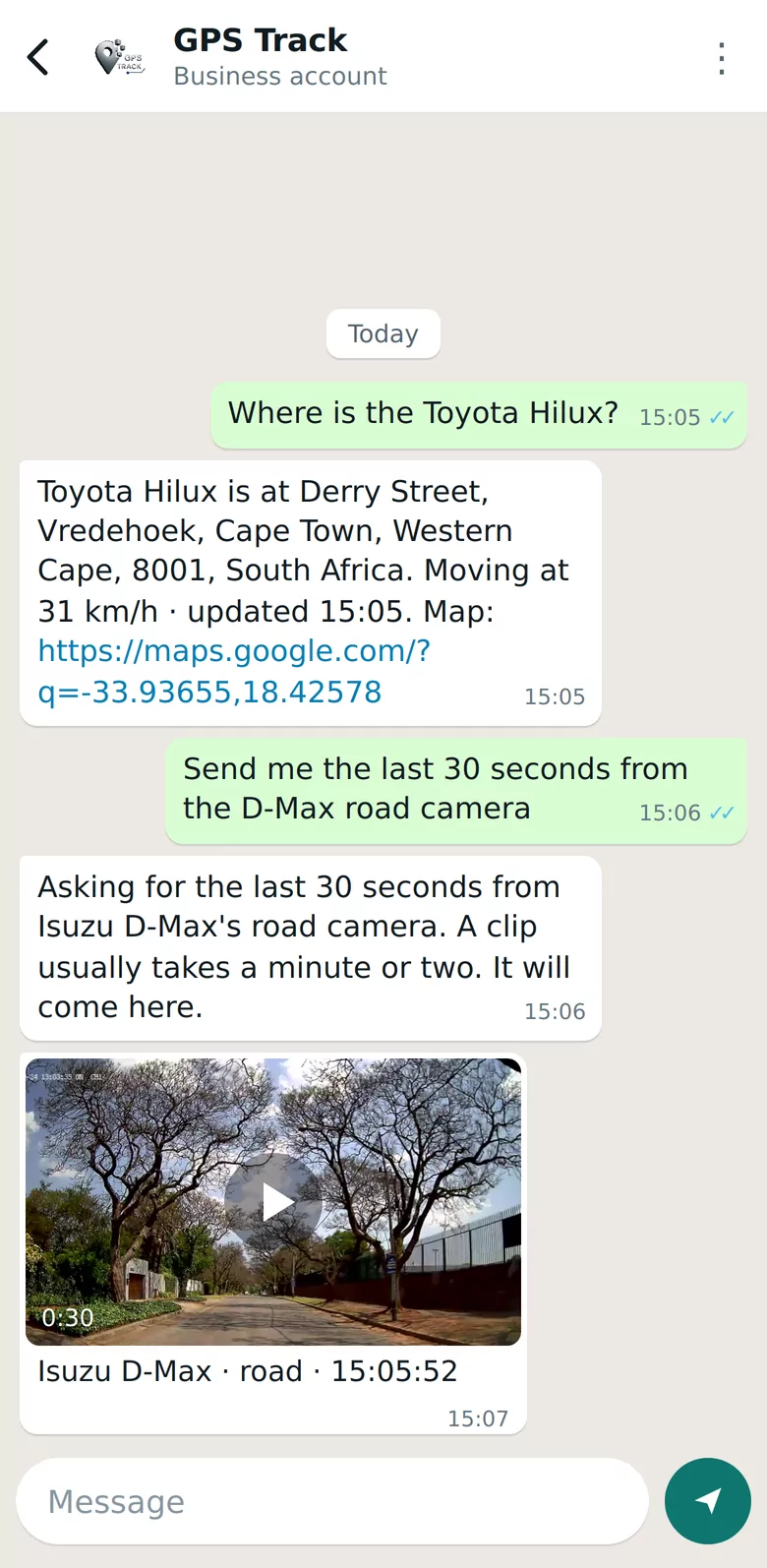 GPS Track — asking about a vehicle on WhatsApp