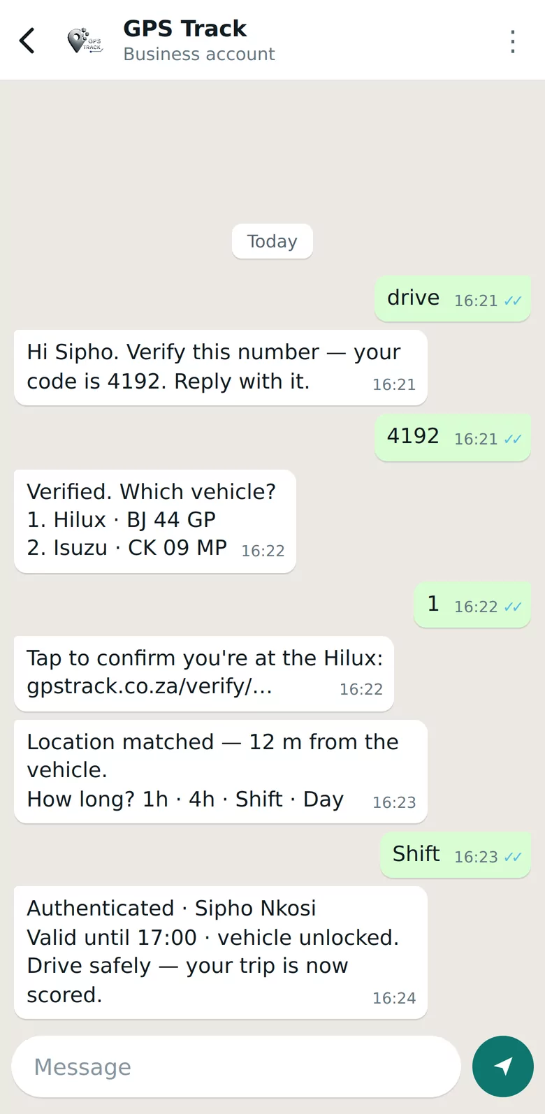 GPS Track — a driver signing in on WhatsApp